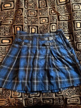 Hot Topic Blue and Black Plaid Skater Skirt with Buckle Straps